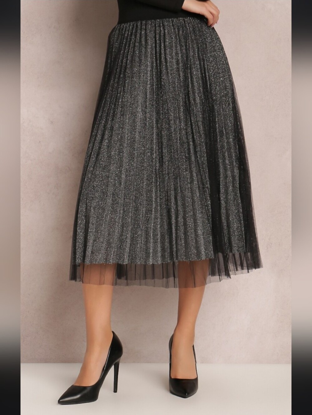 Metallic Black Pleated Midi Skirt with Sheer Overlay